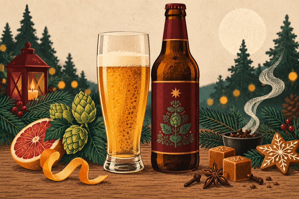 Grafisk illustration med julelager, humle, grapefrugt, røg, krydderier og karamel