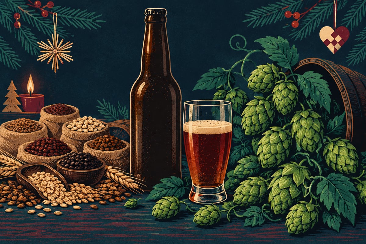 Grafisk illustration med mørk juleøl, syv malte og en overvægt af humle
