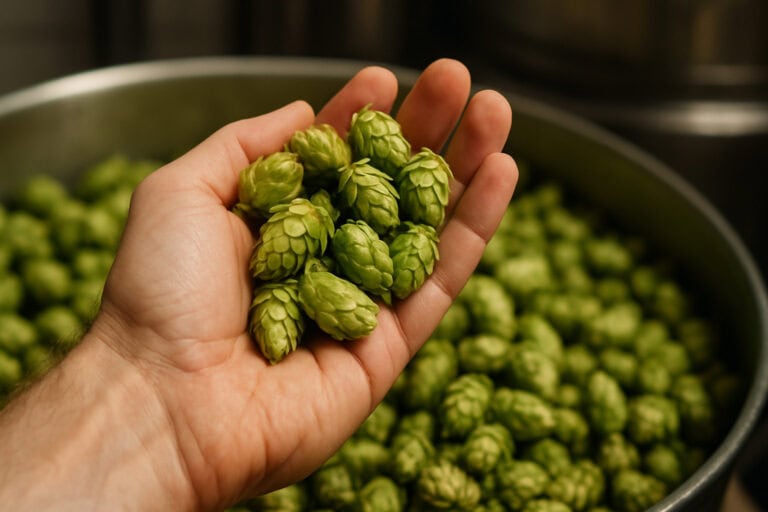 En hånd fyldt med friskplukkede grønne humlekogler klar til ølbrygning i et mikrobryggeri.